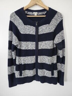 L.L. BEAN Cotton Ragg Full Zip Knit Sweater Cardigan Size Large Navy Stripes